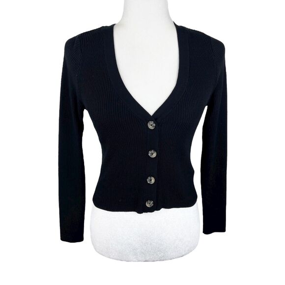 Divided H&M Sweater Women Medium Black Button Up Ribbed Knit Cardigan Casual - Picture 1 of 13